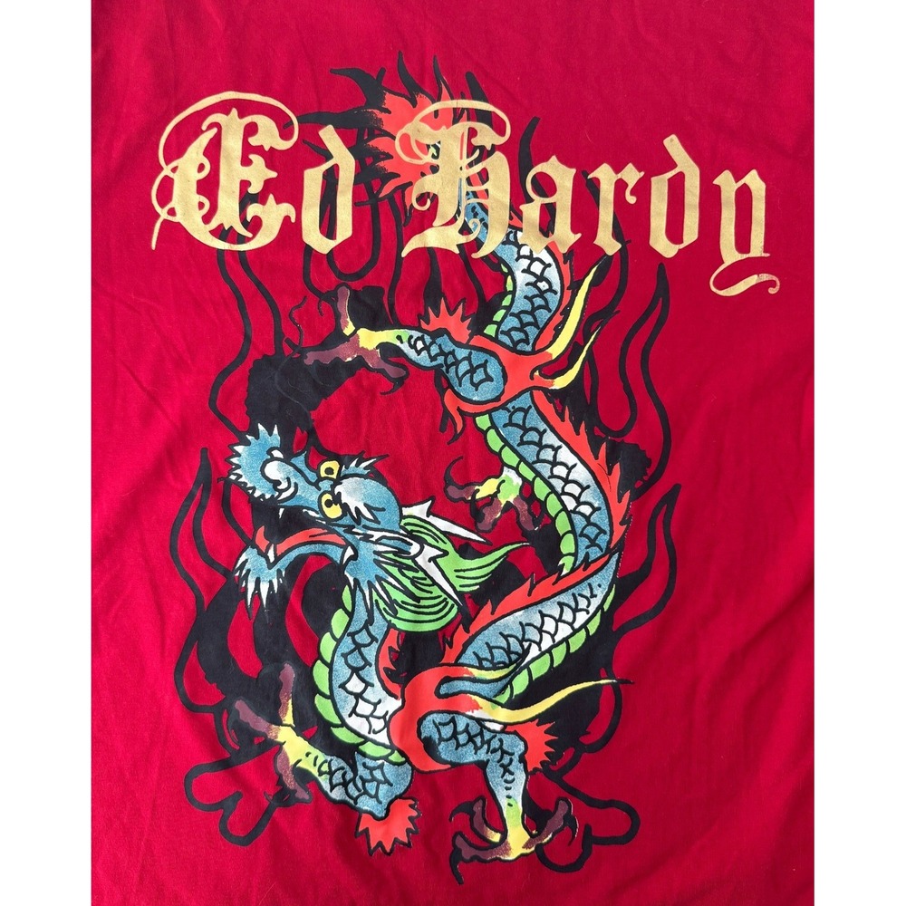 Ed Hardy Mens Red Dragon Graphic T-Shirt Metallic Gold Logo EHM1101-3TJ Small